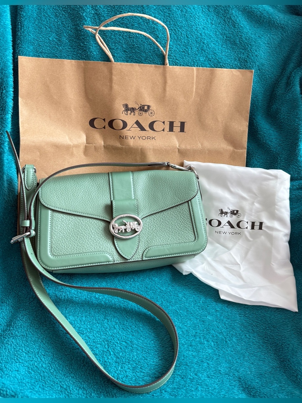 Coach Georgie Green Horse & Carriage Crossbody NWT dust bag & shopping bag